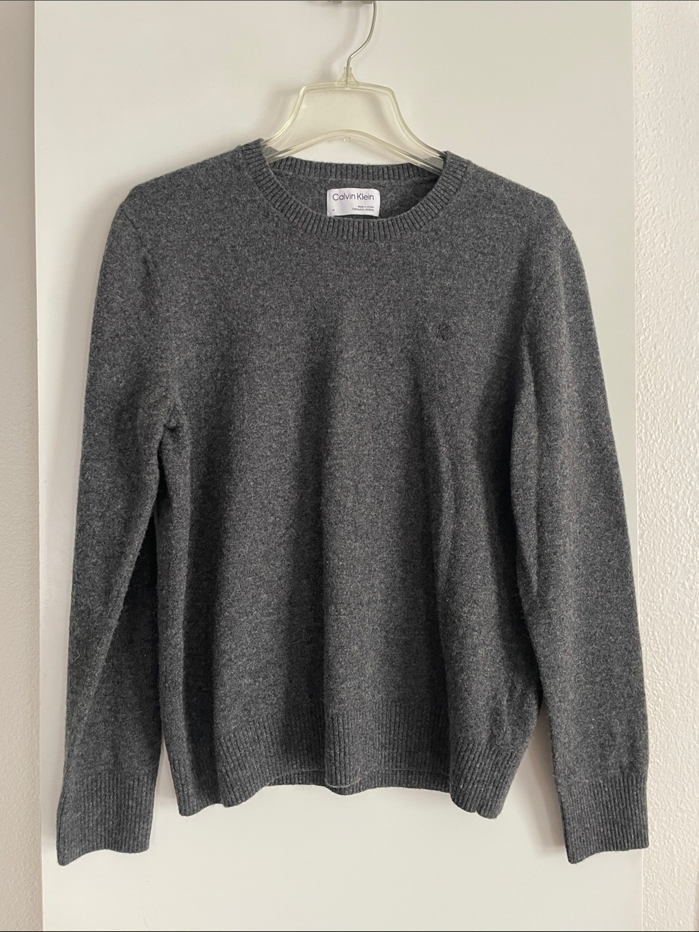 Calvin Klein Pure Wool Gray Classic Crew Neck Sweater Relaxed Fit Long Sleeve